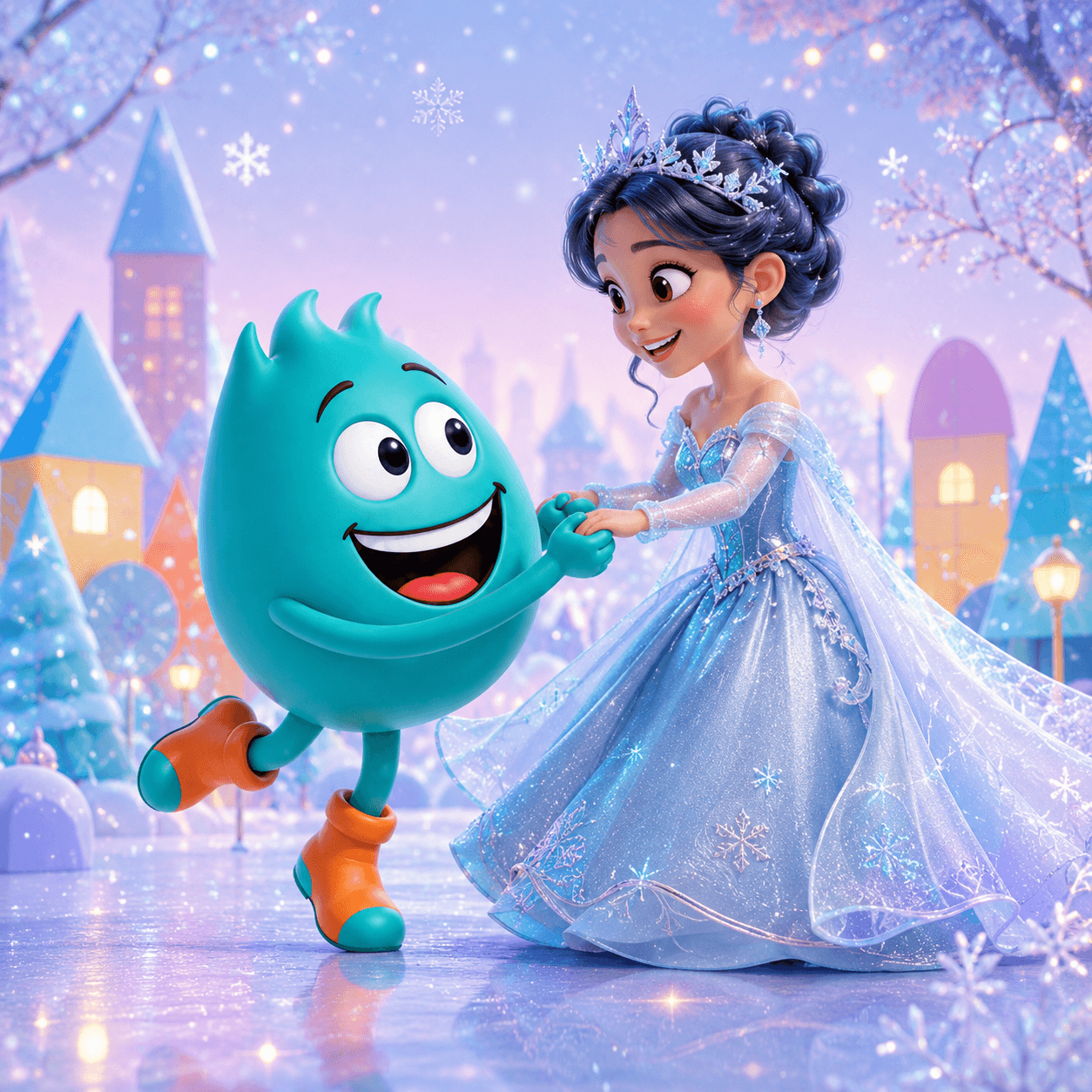 Pikopye greeting an ice princess at the frozen fun party