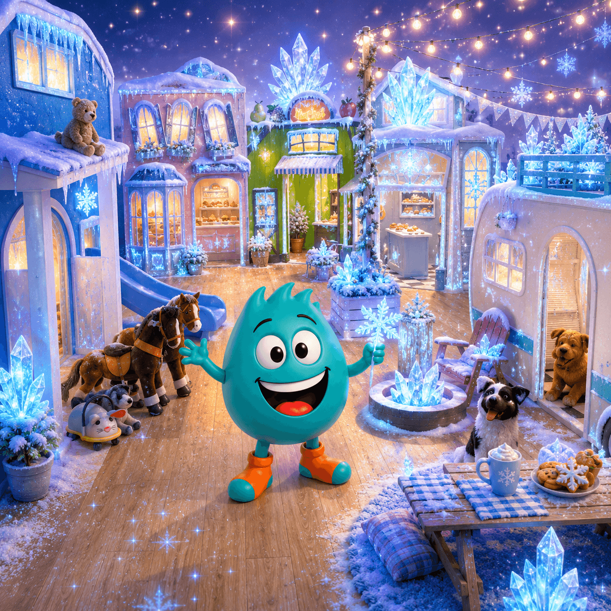 Pikopye exploring Tiny Town at the frozen fun party