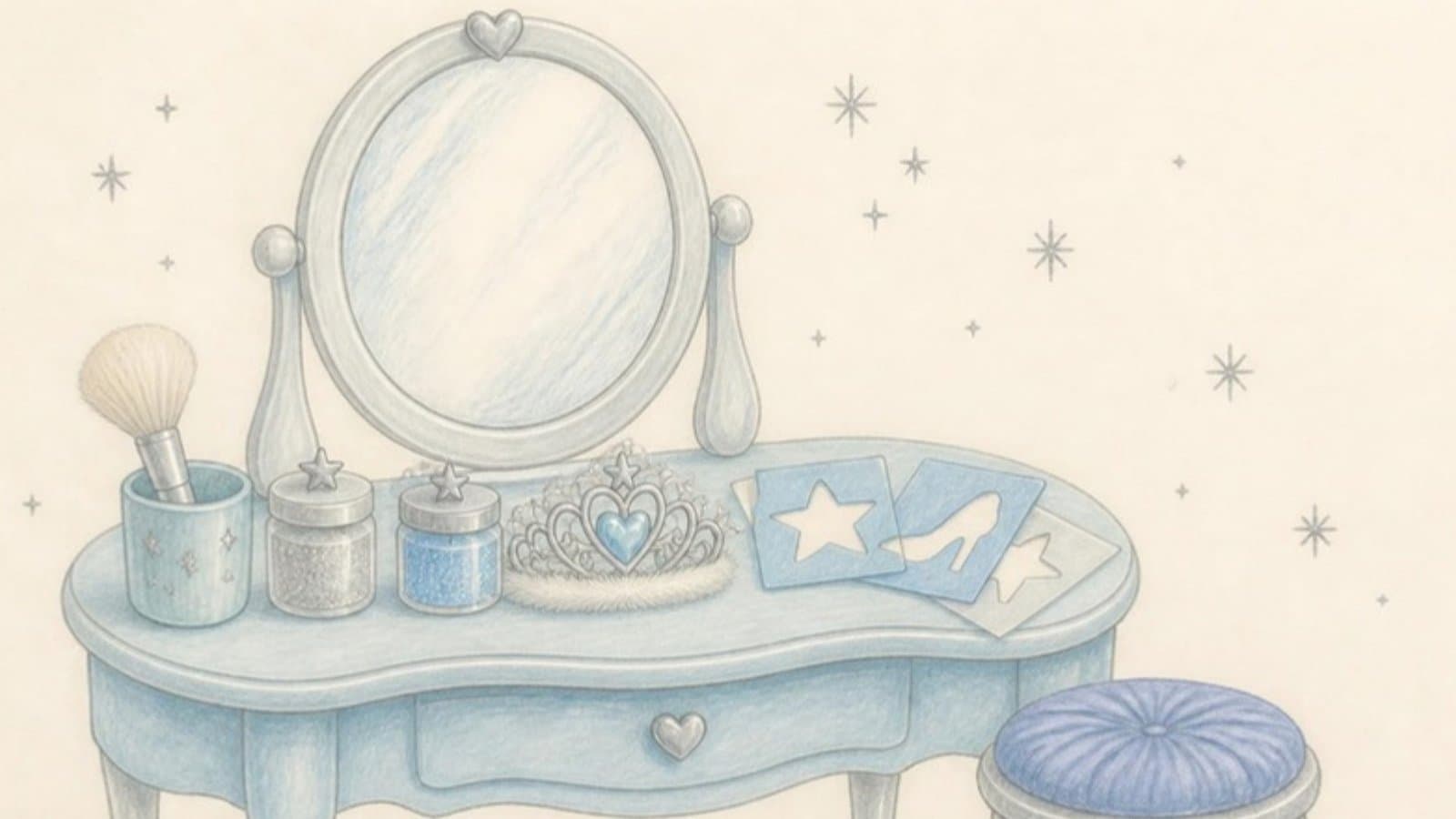 Drawing of a vanity with glitter jars, a tiara and slipper stencils