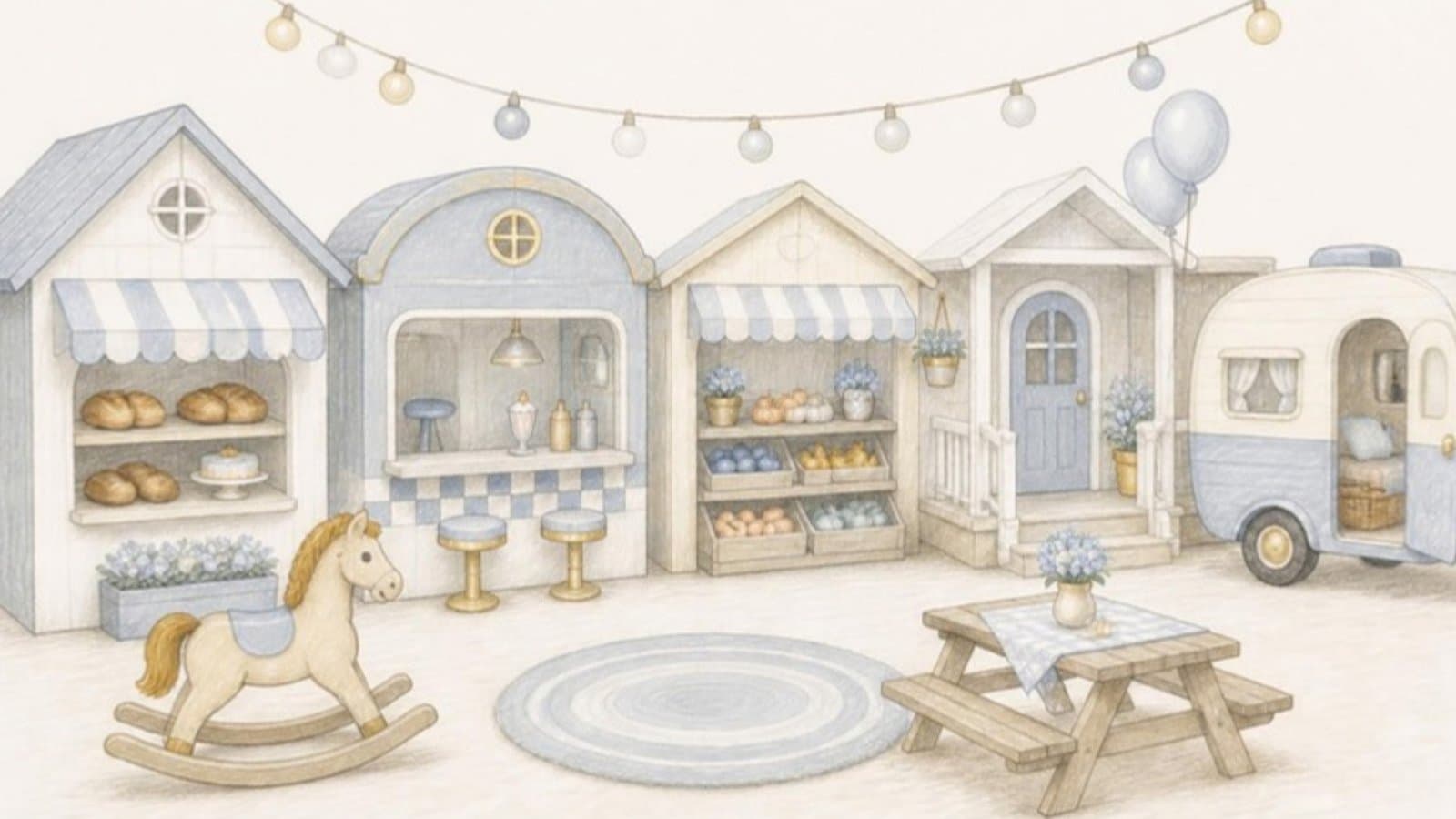 Drawing of Tiny Town decorated in powder blue and silver