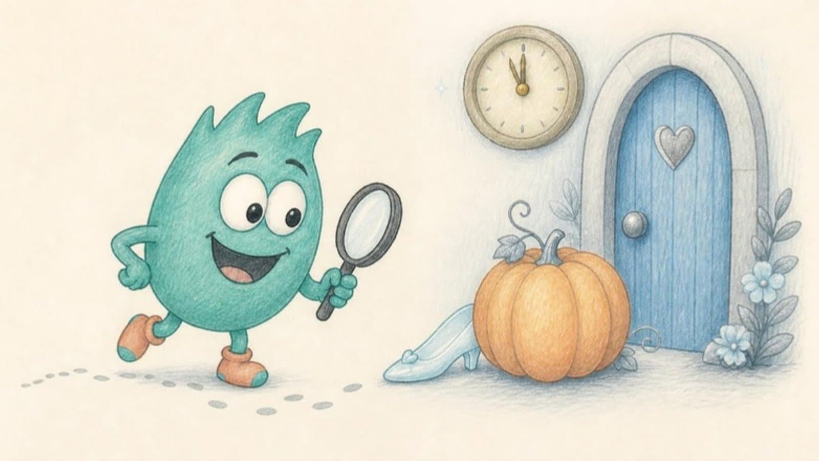 Drawing of Piko finding the lost glass slipper beside a pumpkin