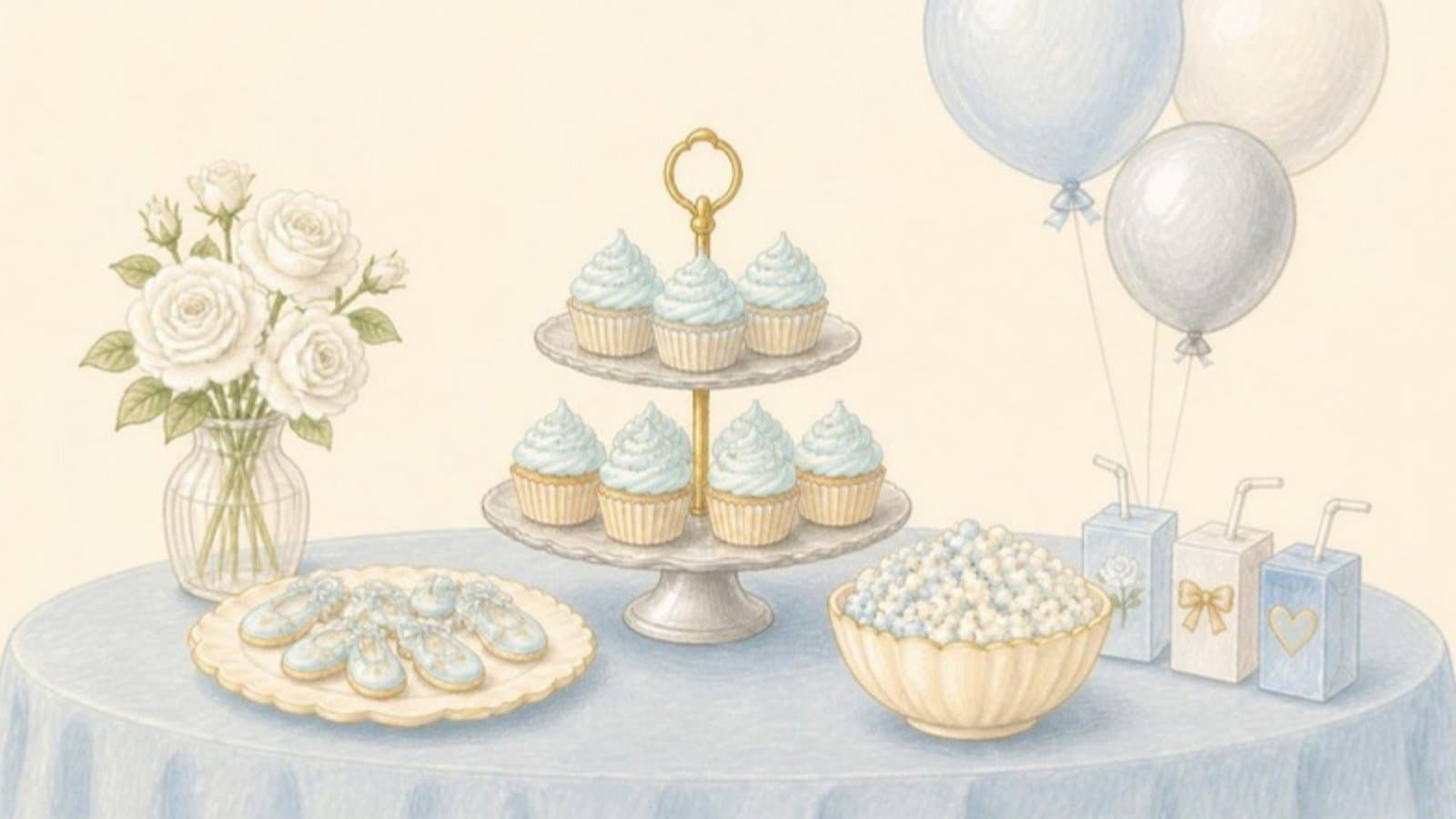 Drawing of a party table with cupcakes, slipper cookies and popcorn