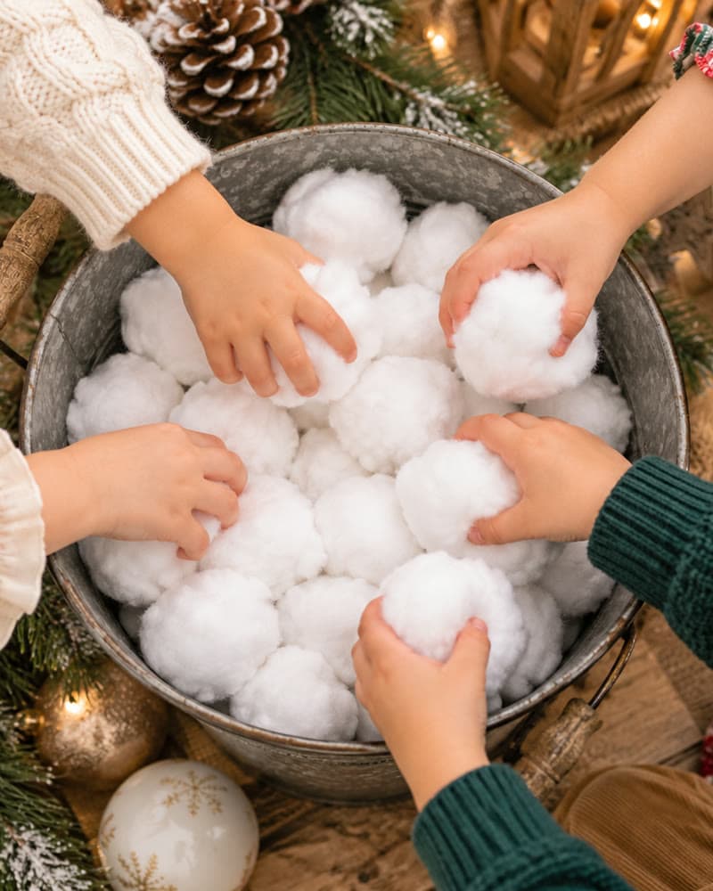 Children's hands reaching into a bucket of plush snowballs
