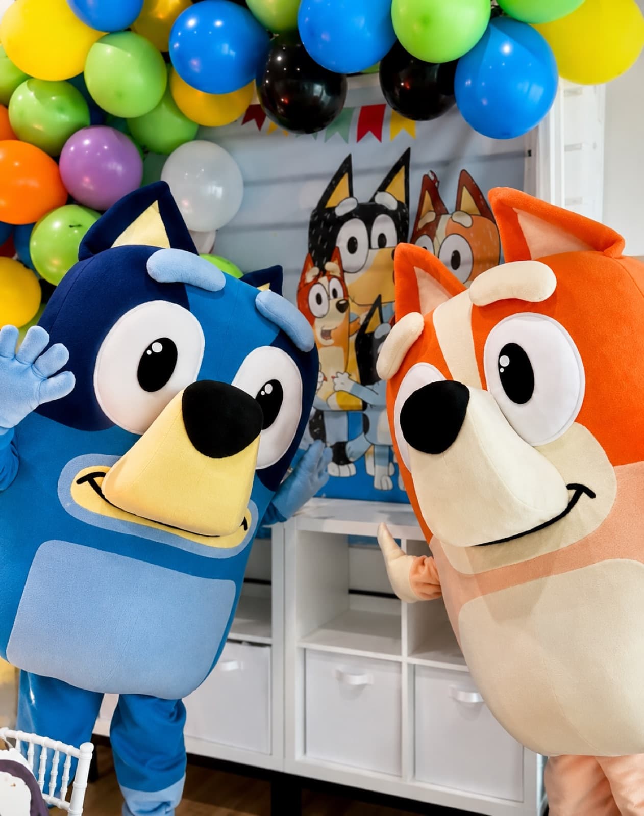 Bluey and Bingo mascots waving at a celebration in Pikopye's Town