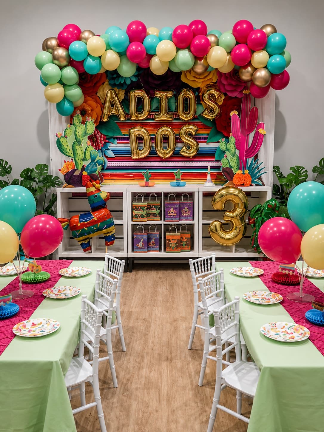 Fiesta birthday party setup with pinata and gold balloon letters