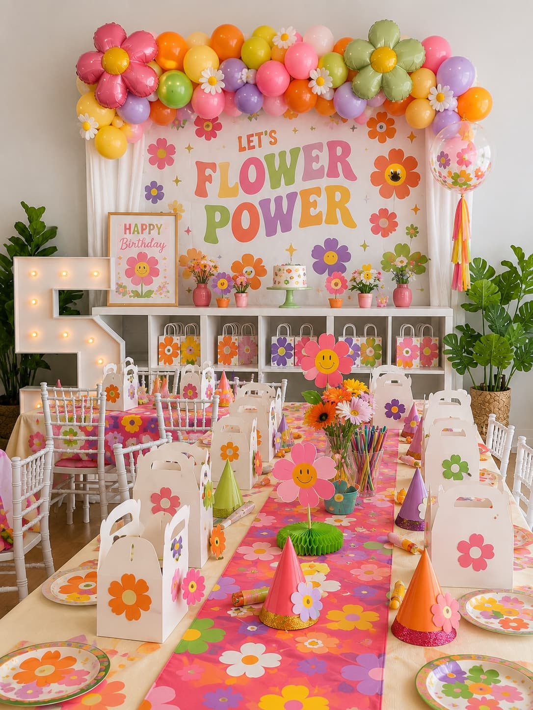 Flower power birthday party setup with daisy balloons and favor boxes at Pikopye's Town