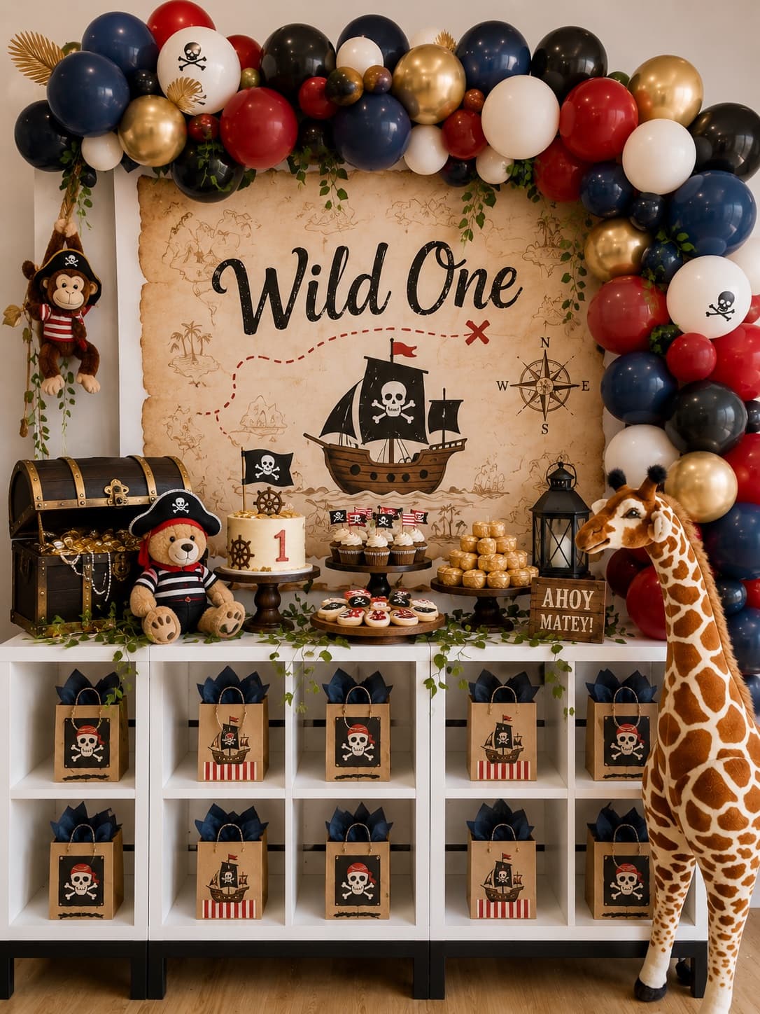 Pirate birthday party setup with treasure chest and themed favor bags